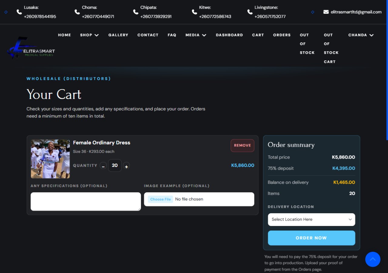 The cart showing a product, its quantity and an order summary