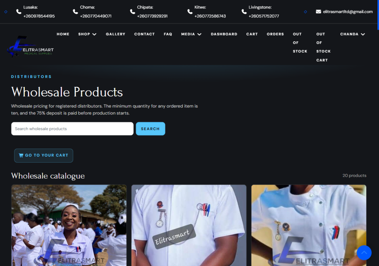 The wholesale catalogue with a
                        search box and product cards