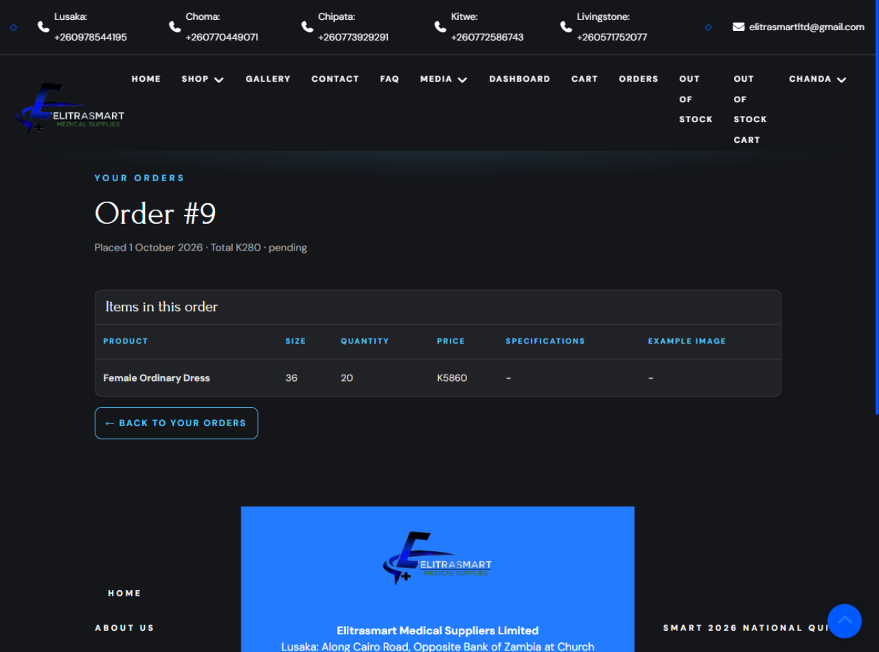 An order page showing its items, the payment split and the delivery location