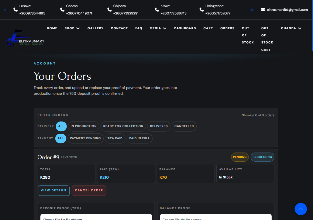 The orders list with each order and its current stage